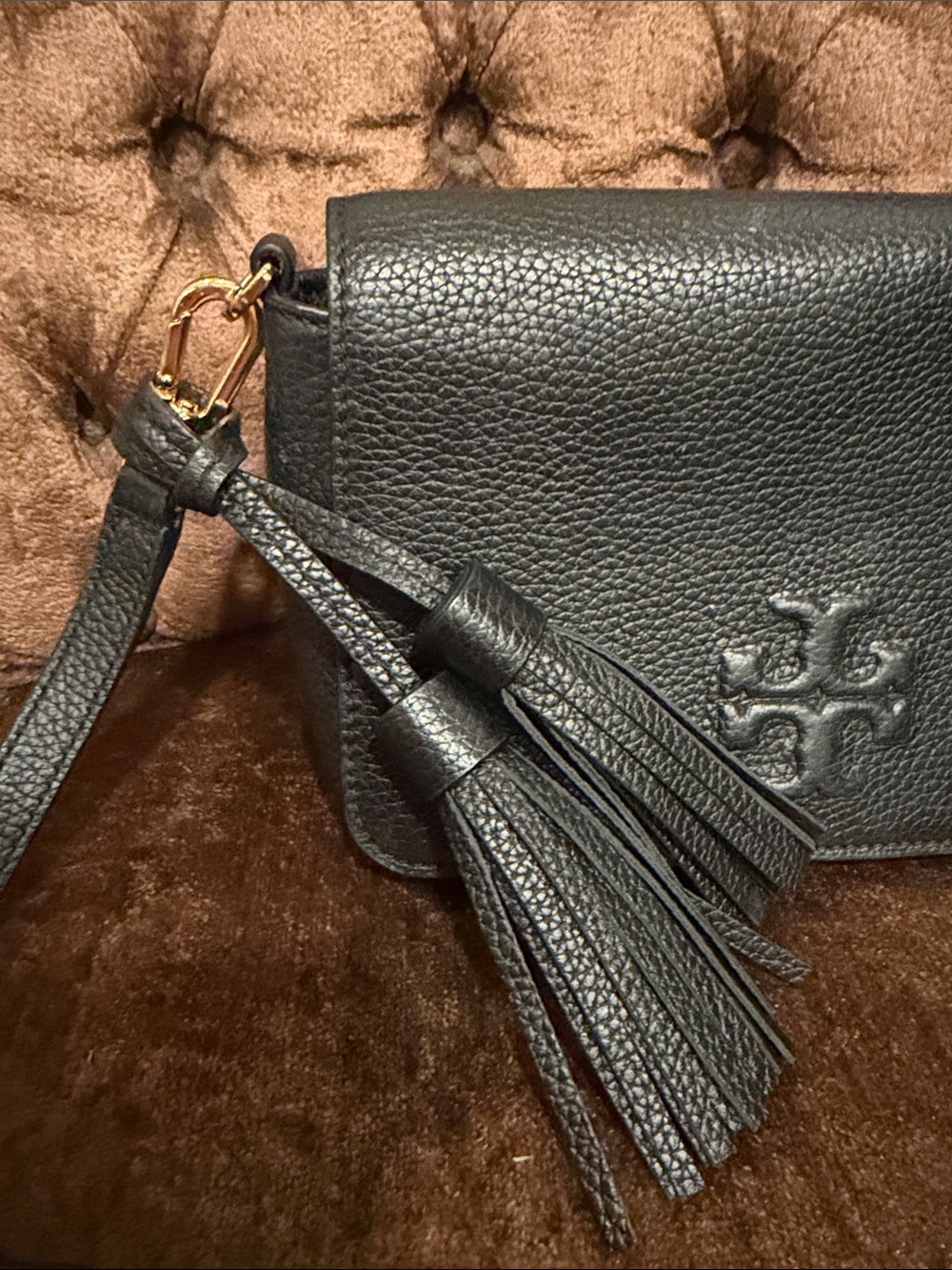 Tory Burch Black Pebbled Leather Crossbody with Tassels - Picture 8 of 12